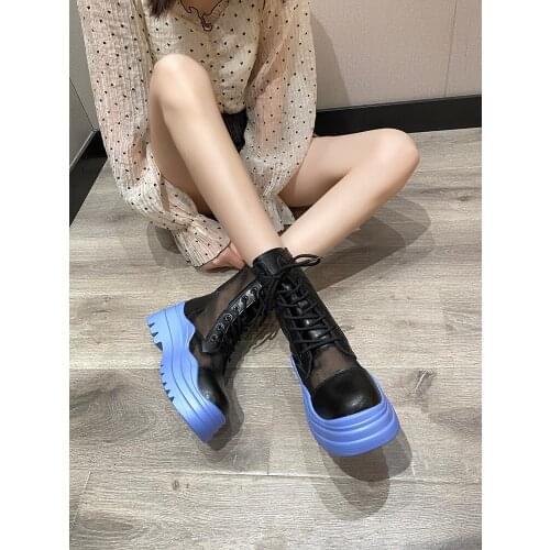 British Style Mesh Breathable Increased Womens Net Boots Martin Boots Summer Fashion Lace-Up Short-Tube Zipper Single Boots