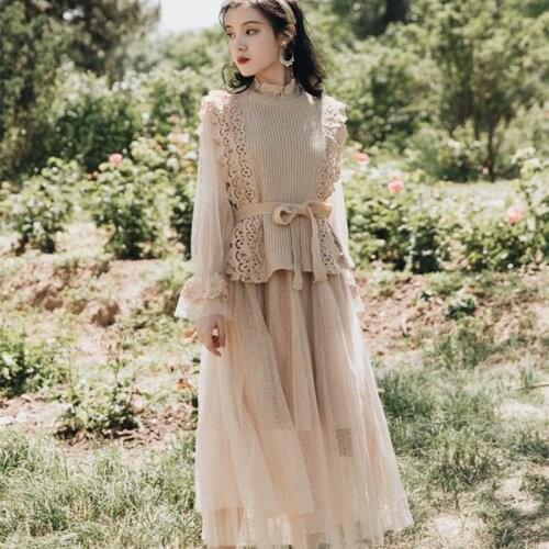 Fashion Vintage Dress Suit Womens Mesh Hollow Out Sexy Dress+Lace knit Short Vest 2019 New Autumn Female Two Piece Dresses Sets