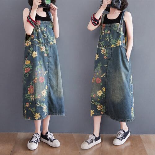 #2479 Floral Printed Denim Dress Women Vintage Overalls Dress Female Loose Sleeveless Spaghetti Straps Denim Dress Midi Summer
