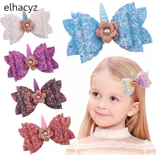 1PC Hair Accessories 3" Chunky Glitter Hair Bow For Kids Cute Unicorn Hairpins Girls Hair Clip Handmade Child Hair Accessories