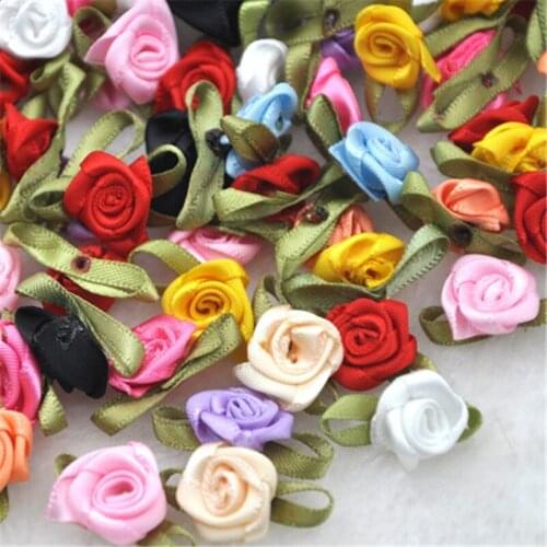 100PCS/Lot Mini Handmade Rose Flower Satin Ribbon Fabric Appliques For Wedding Decoration Craft Sewing Accessories B039