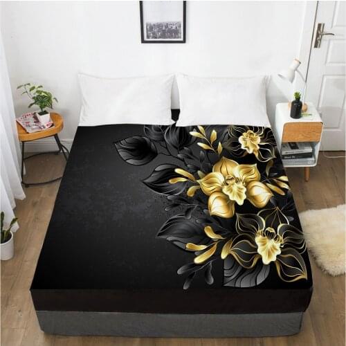 3D HD Luxury Digital Printing Custom Bed Sheet With Elastic,Fitted Sheet Queen King Black golden flower Bedding Mattress Cover