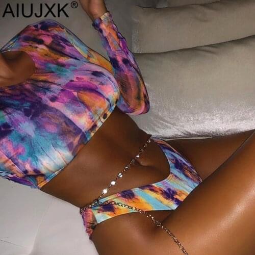 AIUJXK Tie Dye Print Swimwear Women Summer 3 Piece Bikini Set Beach Long Sleeve Bathing Suit Female Biquini Sexy Swimsuit