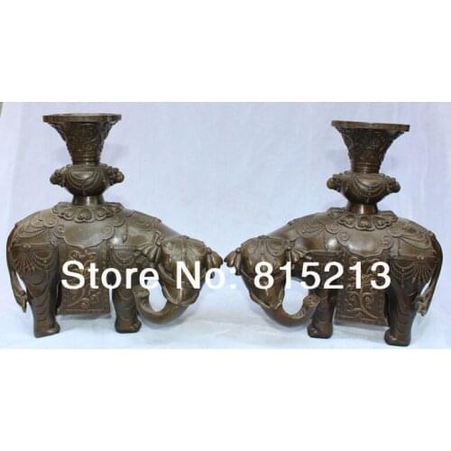 Bi00682 11" Chinese Bronze Auspicious Animal Lion Elephant zun Vase Flower Pair States