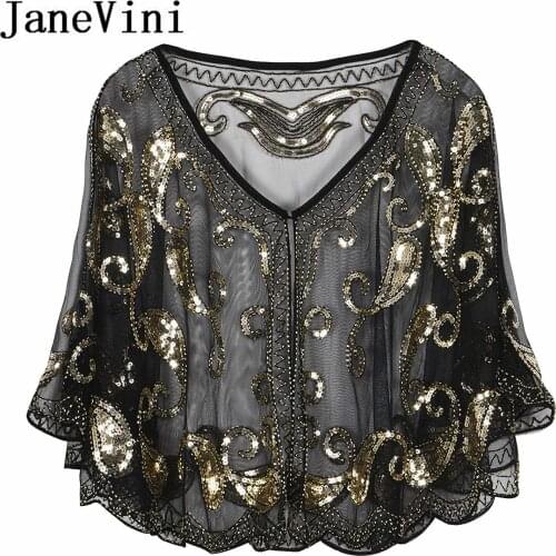 JaneVini Sparkle Sequins Evening Capes for Women Black Gold Beading Wedding Party Bridal Wraps Boleros Cloak Stoles Bride Cape