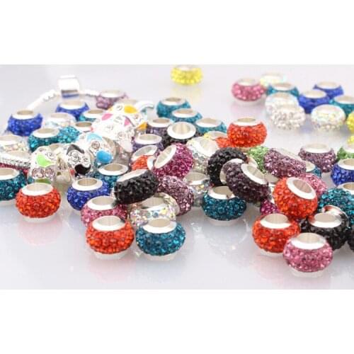 50Piece 12*7mm Mix Color Assorted Crystal Glass Murano Rhinestone Bead Charms 5mm Big Hole For European Pandora Bracelet Bangles
