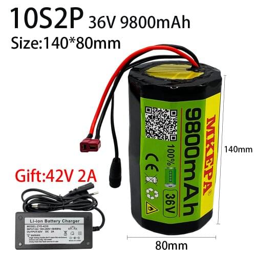 Cylindrical 10s2p 36V 9.8ah 18650 Li ion rechargeable battery pack 400W 350W electric bicycle scooter free + 42V 2A charger