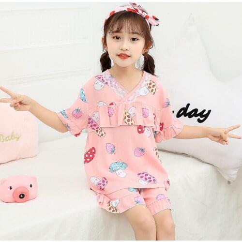 Kids Girls Summer Pajamas Girls Flower Lace Cotton Nightwear Clothes Pajamas With Shorts Children Sleepwear Baby Pajamas Sets