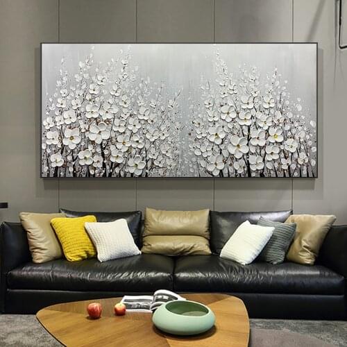 White Flower Oil Painting Hand Painted On Canvas Thick Texture Oil Abstract 3D Knife Painting Modern Wall Art Decoration Unframe