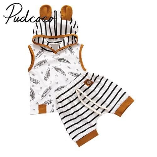 2pcs Pudcoco Toddler Newborn Baby Boy Girl Vest Tank Hooded Shirt Tops + Shorts Outfit Set
