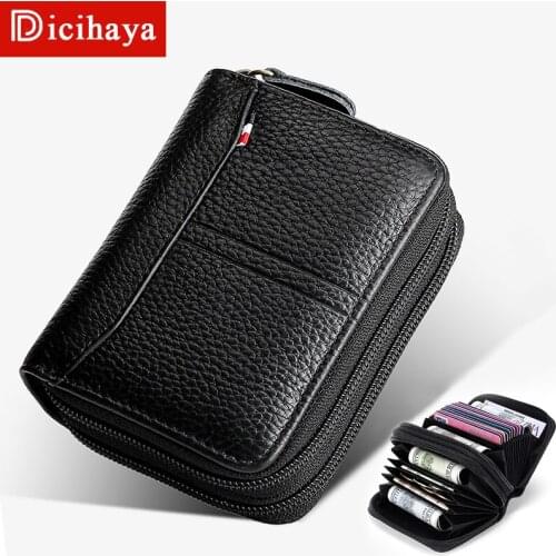 DICIHAYA Men Wallets Genuine Leather Double Zipper Card Wallet Small Purse for Man Wallet Men Black coffee Carteira Card Holder