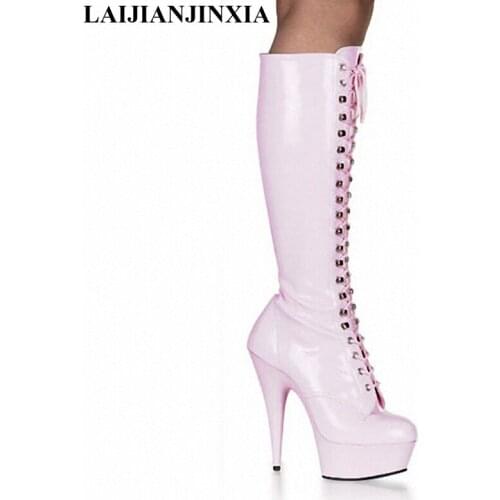 LAIJIANJINXIA Patent Stylish 15cm Platforms High Heel Shoes, Pole Dance Shoes/ Model Shoes Mid Bootie Sexy Knee-High Boots B-056