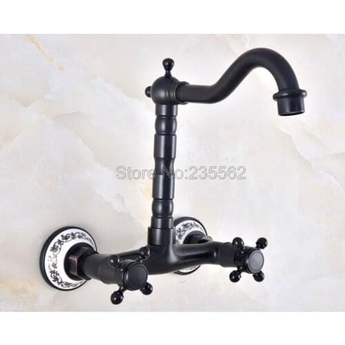 Oil Rubbed Bronze Wall Mounted Bathroom Basin Faucet Swivel Spout Sink Mixer Taps