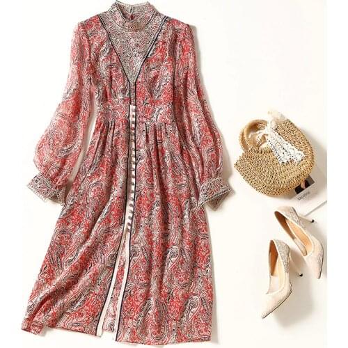 Summer Silk Dress For Women 2021 New Hook Flower Hollow Stand Collar Long Sleeved Elastic Waist Slim A-Line Elegant Print Dress