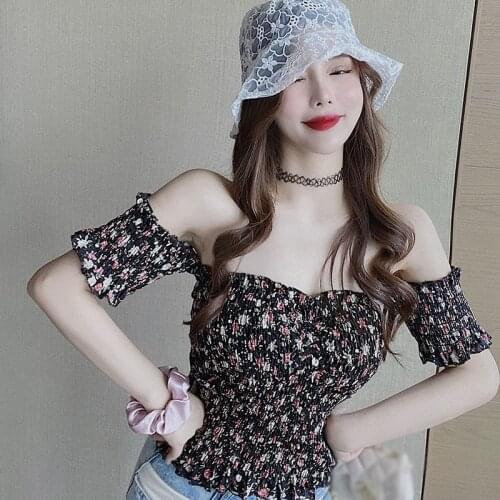 Summer Korean Style Sexy Slash Neck Blouses Pleated Female Small Floral Short Chiffon Shirt