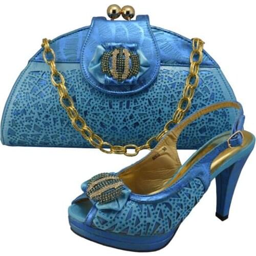 Hot sale African shoes match handbag set with rhinestone decoration women pumps for party GF8009 sky blue,heel 10cm