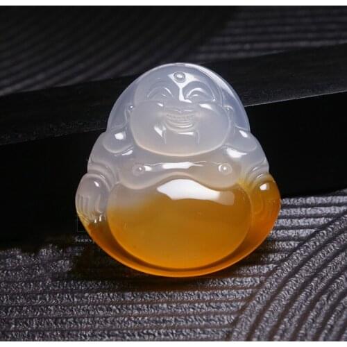 Natural Chinese Agate Jade Pendant Buddha White Yellow Fashion Charm Hand Carved Jewellery for Men Women Blessing Amulet Gifts