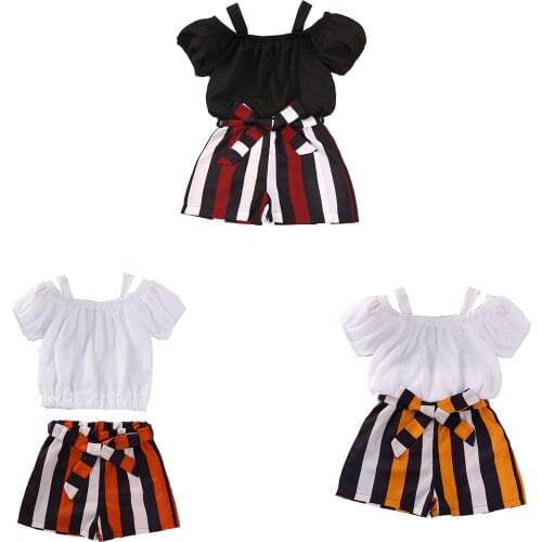 OPPERIAYA Baby Girls Short-sleeve Tops and Shorts Summer Casual Set Fresh Solid Boat Neck T-shirts Bandage Striped Short Pants