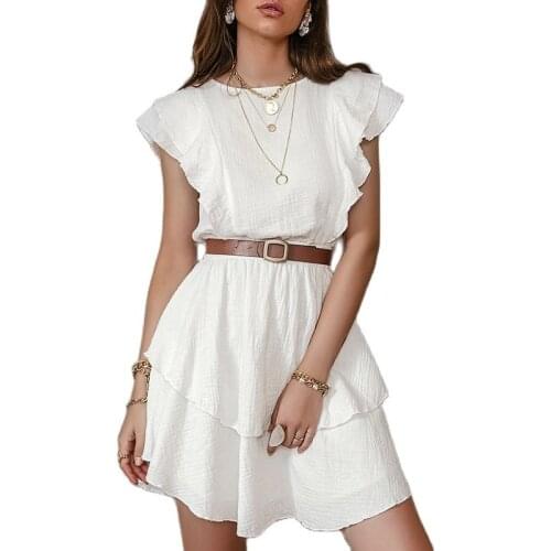 White Cotton Female Leisure Dresses XXL Fashion Solid Ruffled Mid-Length High-Waist Green Sleeveless Summer Women Dress 2021