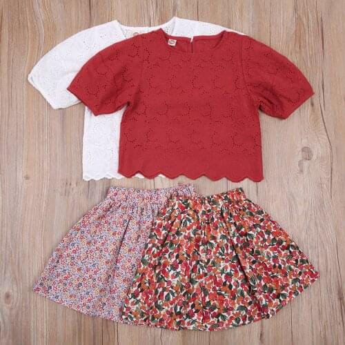 O Neck Childrens Clothing Sets Toddler Baby Girl Summer Mini Skirt Lace Top Flower Printing Costumes Two-pieces Set 1-6Y