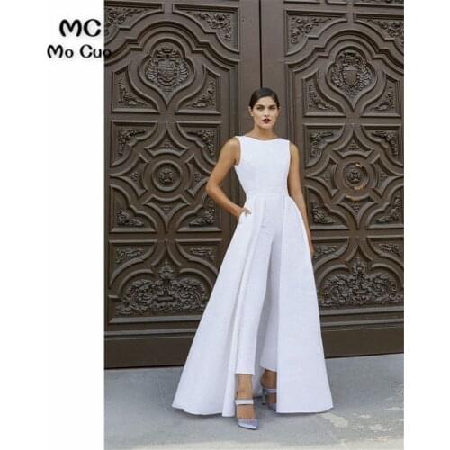 Chic White Women Suit Evening Prom Dresses Jumpsuits Prom Gown Pockets Sleeveless Scoop Hard Satin Evening Dress Plus Size