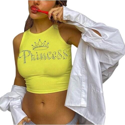 Womens Rhinestone Tank Tops Trendy Crown Letter Pattern Sleeveless Round Neck Crop Tops