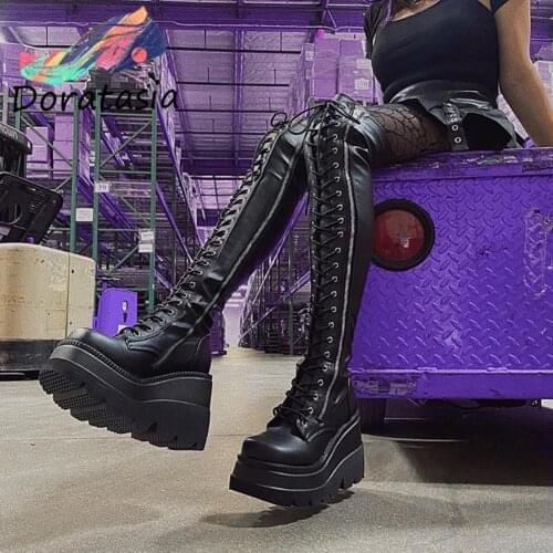 DORATASIA INS Hot Brand Women Knee High Casual Platform Boots Wedges Thick Bottom womens Boots Cool Street Goth Woman Shoes