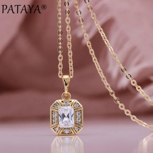 PATAYA New Fine Square Natural Zircon Women Pendant 585 Rose Gold Metal Long Necklace Wedding Romantic Life Gift Fashion Jewelry
