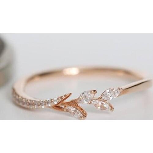 Cute Rose Gold Leaf Ring with Bling Zircon Stone For Women Fashion Wedding Engagement Jewelry 2019