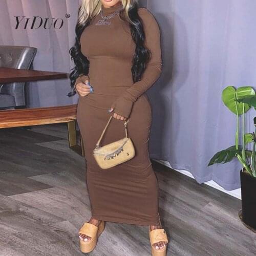 YiDuo Sxey Backless Hollow Out Solid Skinny Maxi Dresses Women 2020 Autumn Round Neck Choker Stretch Bodycon Long Party Dress