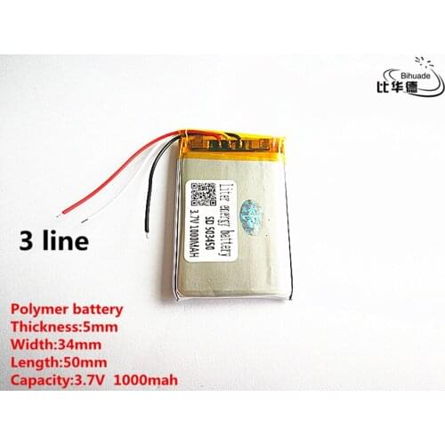 5pcs/lot 3 line Good Qulity 3.7V,1000mAH,503450 Polymer lithium ion / Li-ion battery for TOY,POWER BANK,GPS,mp3,mp4