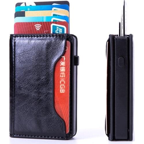 Fashion RFID Aluminium Credit Card Holder Crazy Horse PU Leather Men Coin Purse Coin Wallet Carbon New Bank Cardholder Case