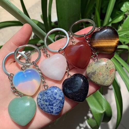 Natural Stone Crystal Keychains Handbag Dangle Holder Big Heart Pendulum Amulet Real Agates Tiger Eye Opal Pink Quartz Key Chain