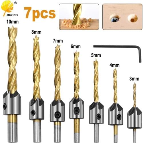 3-10mm Round Shank Titanium Coating HSS Countersink Drill Bit Carpentry Chamfer Boring Woodworking Tool With Hex L-wrench