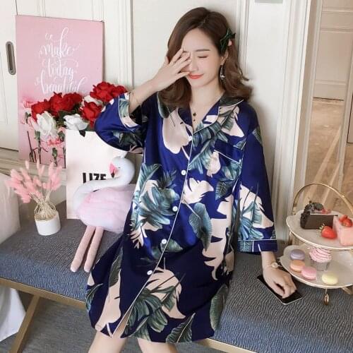 Fahio Summer Silk Womens Sleepwear Sexy Sleepshirt Long Print Ladies Nightgown Young Girl Middle Sleeve Outwear Nightdress Party