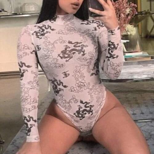 Hot Sale Bodysuits Women Street Style Sexy Slim Bodycon Print Gauze T-Shirt Half Turtleneck Long Sleeve Tops for Women Spring