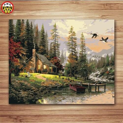 DIY paint by numbers hut by the lake scenic view panintings for hotel home de coration