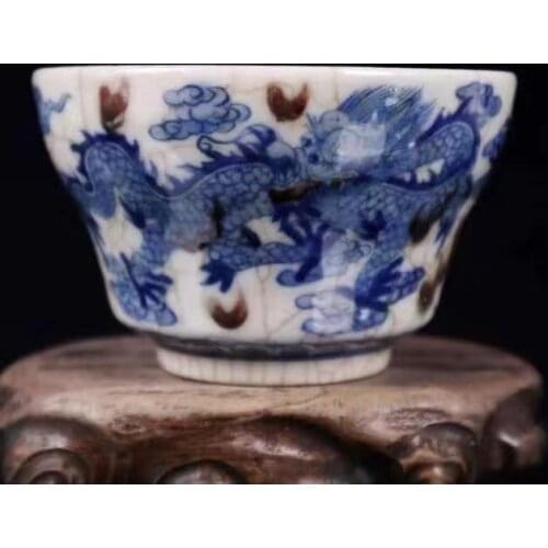 Collection Chinese hand-painted open blue and white glaze red dragon and phoenix cup/Yellow ground blue and white glaze red drag