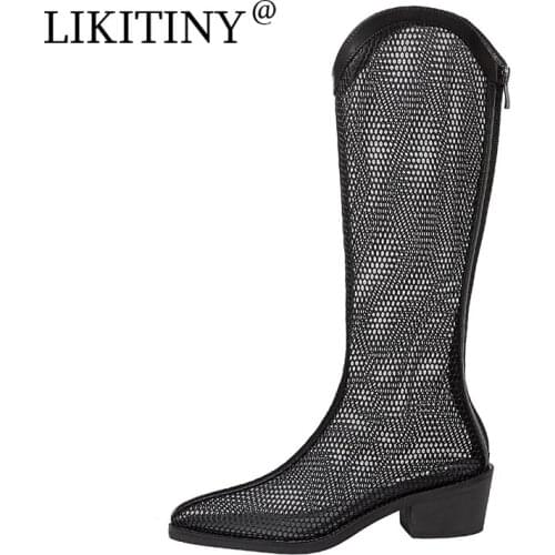 LIKITINY Summer Boots Sandals square heels Mesh boots Party shoes Chunky heels Cover heels long boots knee high boots size 33 40