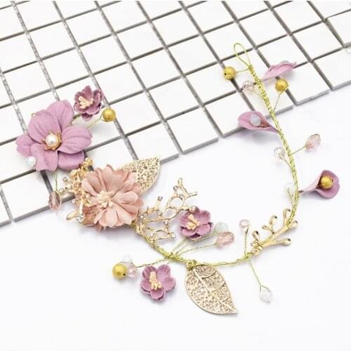 Fashion Gold Wedding Hair Jewelry Purple Flower Headband Bride Headdress Crystal Headpiece Bridal Party Women Hair Accessories