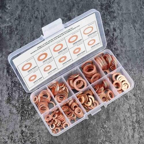 200Pcs Copper Washer Gasket Nut and Bolt Set Flat Ring Seal Assortment Kit With Box M5/M6/M8/M10/M12/M14 for Sump Plugs Water