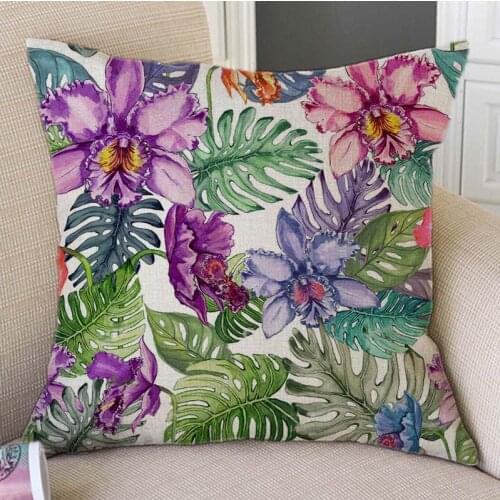 Tropical Flower Watercolor Art Home Decorative Sofa Throw Pillow Case Spring Summer Plant Floral Leaves Palm Linen Cushion Cover