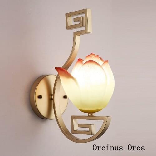 New Chinese pink lotus wall lamp living room corridor dining hall porch retro golden iron flower wall lamp free shipping