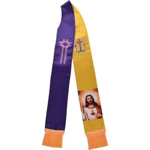 Clergy Cosplay Cross Figure Pattern Mass Scarf with Tassels Priest Church Reversible Stole