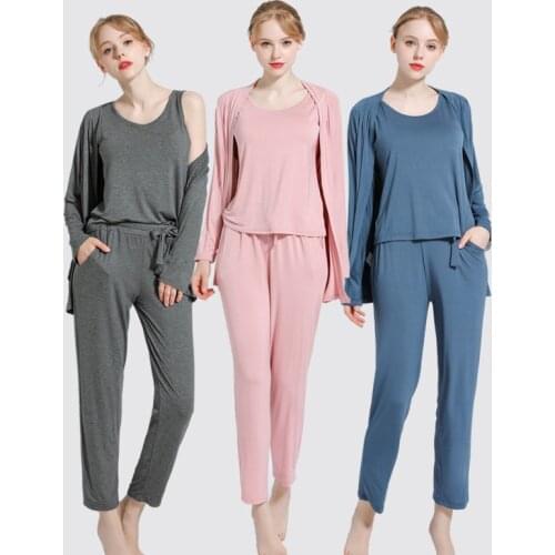 3pcs Pijama Cotton Modal Sexy Lingerie robe pants Pajamas Sets Spring Autumn Simple Sleepwear Korean Nightwear Women Pyjama