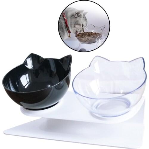 Plastic Cat Food Bowls Cat Double Bowl Kitten Bowl Transparent Material Non-Slip Food Bowl With Protection Cervical Cat Supplies