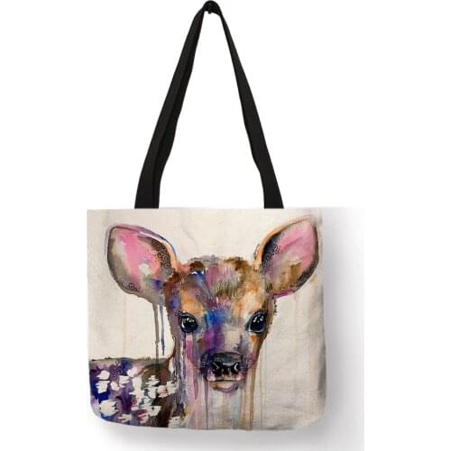 Custom Watercolor Animals Deer Panda Dog Rhino Goat Prints Totes Eco Linen Shopping Travel Bag Women Handbags Mama Diaper Bags
