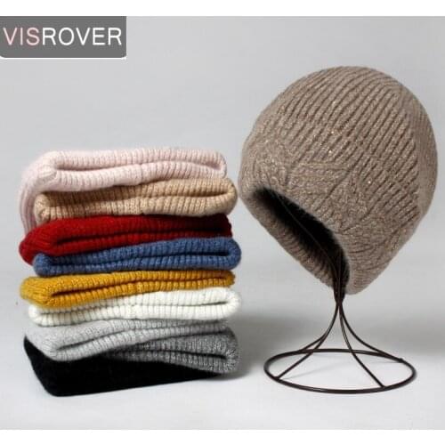 VISROVER 10 Colors Winter Beanies Solid Hats Real Fur Pompom Rabbit Cashmere Woman Skullies Warm Geometric Beanie Fashin Bonnet