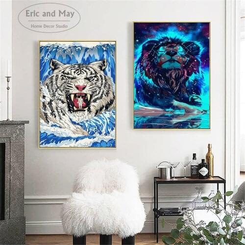 Tiger Lion In Sea Wave Ukiyo-e Artwork Poster Prints Oil Painting On Canvas Wall Art Murals Pictures For Living Room Decoration