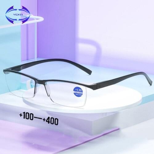 VCKA Anti-blue light Resin Reading Glasses Men Women Metal Half Frame Hyperopia Eyeglasses +1.0 1.5 2.0 2.5 3.0 3.5 4.0 Diopter